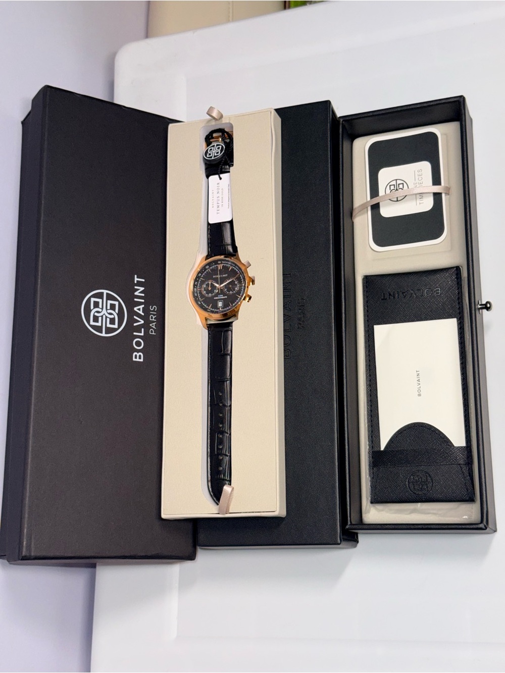 Bolvaint Men’s Black Leather Strap Chronograph Watch with Gold Case - Picture 4 of 5